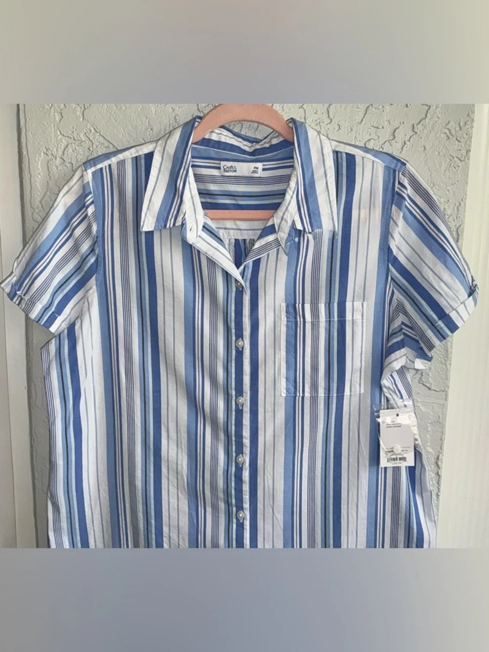 Croft & Barrow Blue & White Vertical Stripe Short-Sleeve Button-Down Shirt (NWT) - Picture 3 of 7